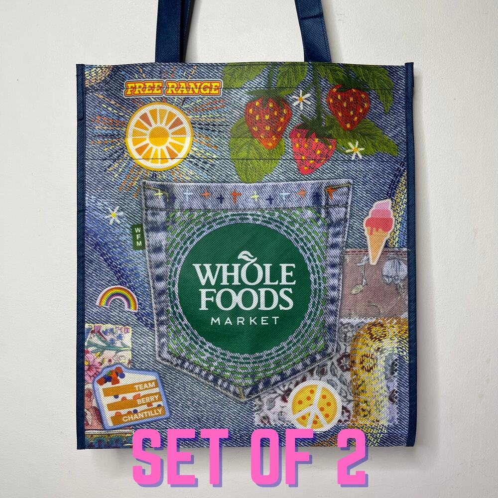 SET OF 2 Whole Foods Market Reusable Grocery Shopping Tote Bag Denim Pocket NEW!